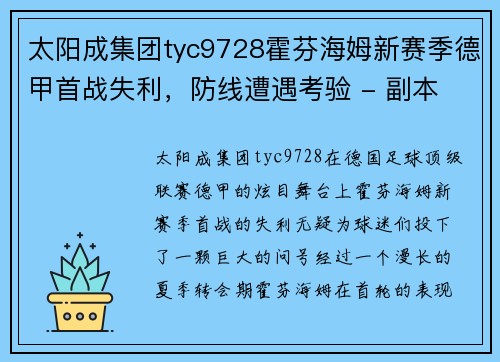 太阳成集团tyc9728霍芬海姆新赛季德甲首战失利，防线遭遇考验 - 副本