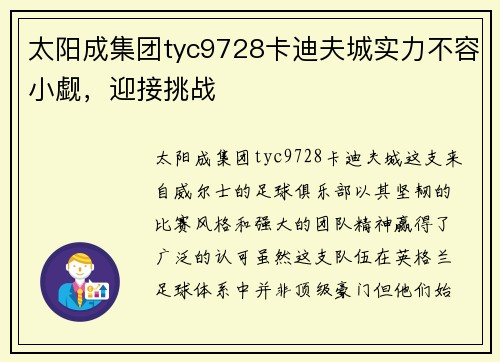 太阳成集团tyc9728卡迪夫城实力不容小觑，迎接挑战